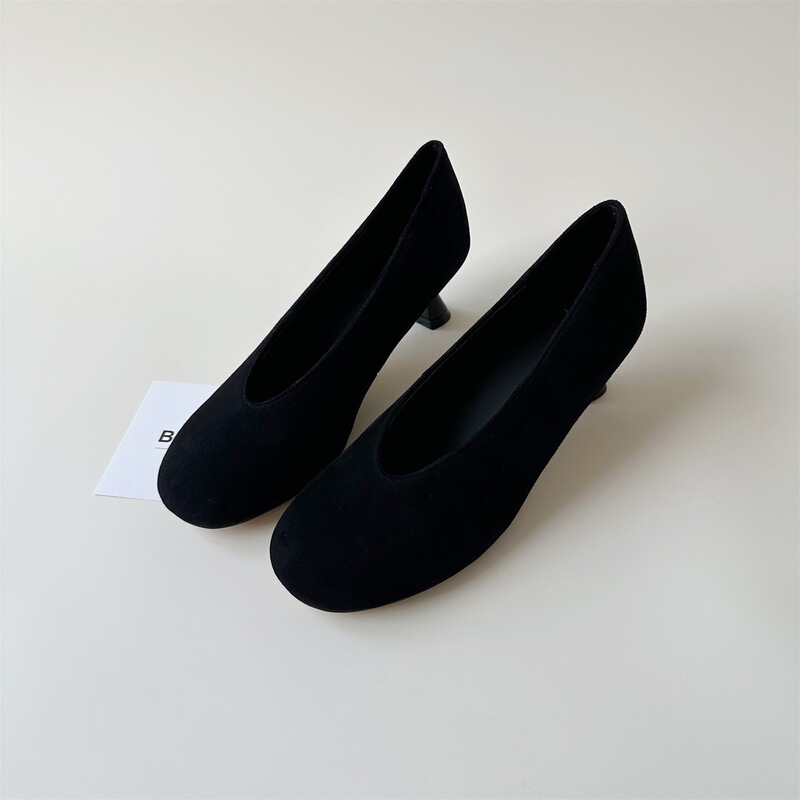 Niche Design! Retro Green Round-Toe Stiletto Heel Shallow-Mouthed Granny Shoes, Small Leather Shoes, Single Shoes