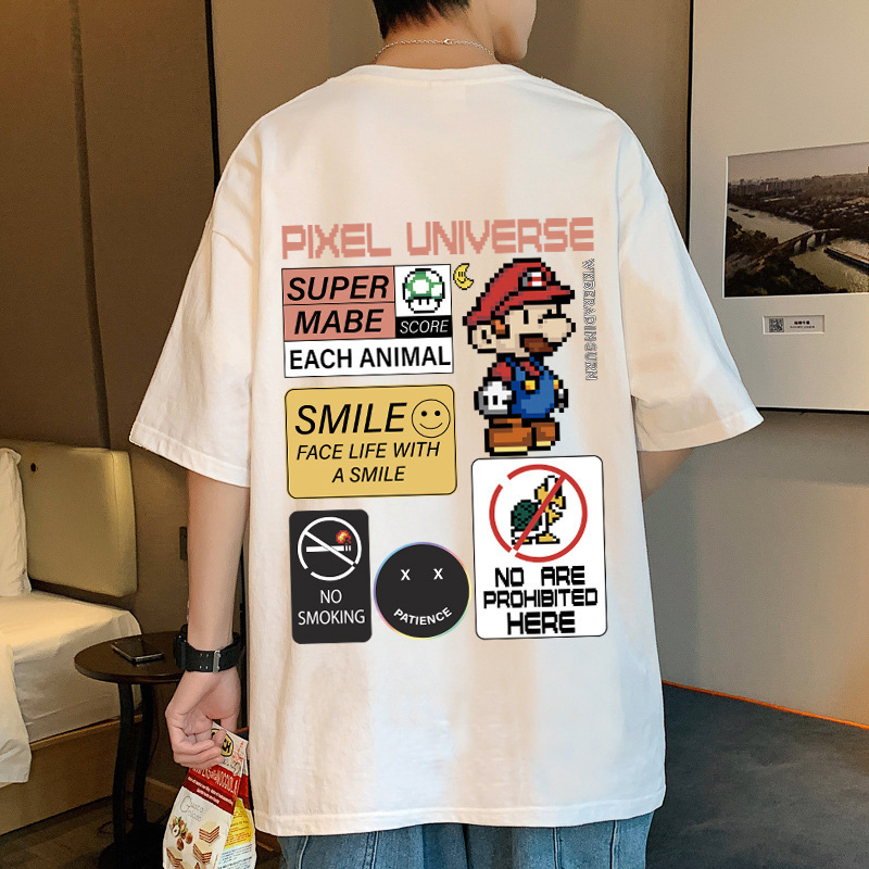 Hong Kong Style Retro Mario Short-sleeved T-shirt Men's Summer New Arrival 2022 Half-sleeved Base Shirt Trendy Brand T-shirt Top Clothes T