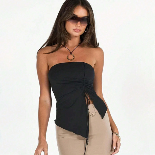 2024 European and American cross-border women's clothing sexy hotties drawstring pleated slit slimming irregular tube top vest top