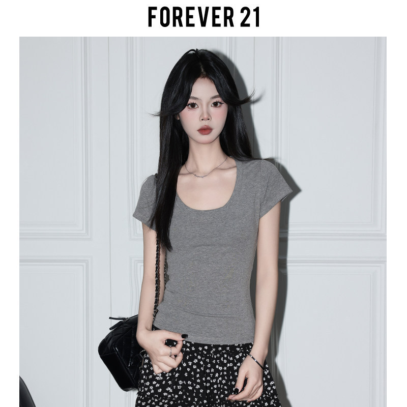 Forever 21 Retro Gray Slim-Fit U-Neck Short-Sleeve Top for Women, Spring/Summer Basic Style, Regular Shoulder Base T-Shirt Forever 21 Retro Gray Slim-Fit U-Neck Short-Sleeve Top for Women, Spring/Summer Basic Style, Regular Shoulder Base T-Shirt