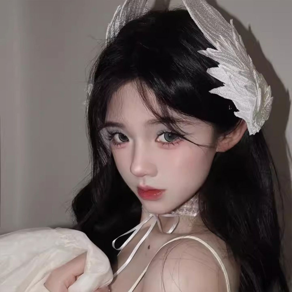 Angel Wings Lolita Embroidered Hairpin, White Fabric Cosplay Headwear for Halloween — detail image 4