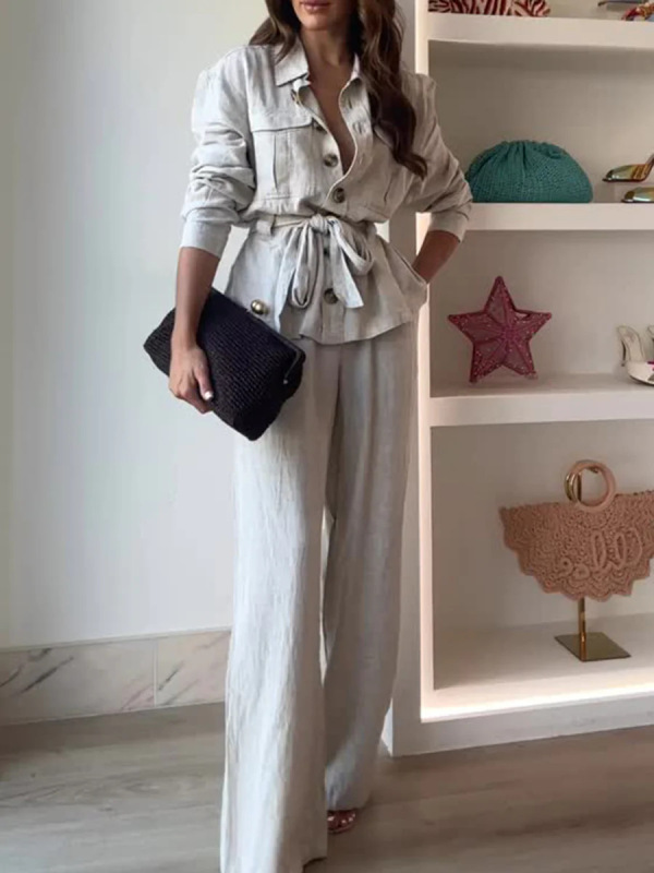 欧美跨境女装两件套女2025翻领长袖衬衫纽扣休闲纯色裤阔腿套装|undefined