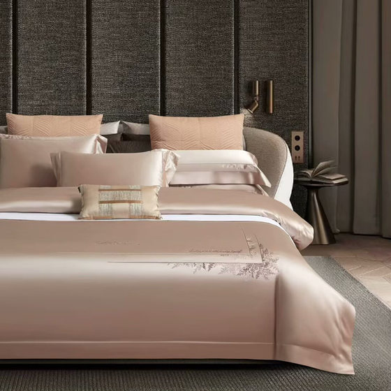 High-end Zhen Silk Cotton Silk Bed Cover Four-piece Set Four Seasons Universal Light Luxury High-end Solid Color Wedding Bedding