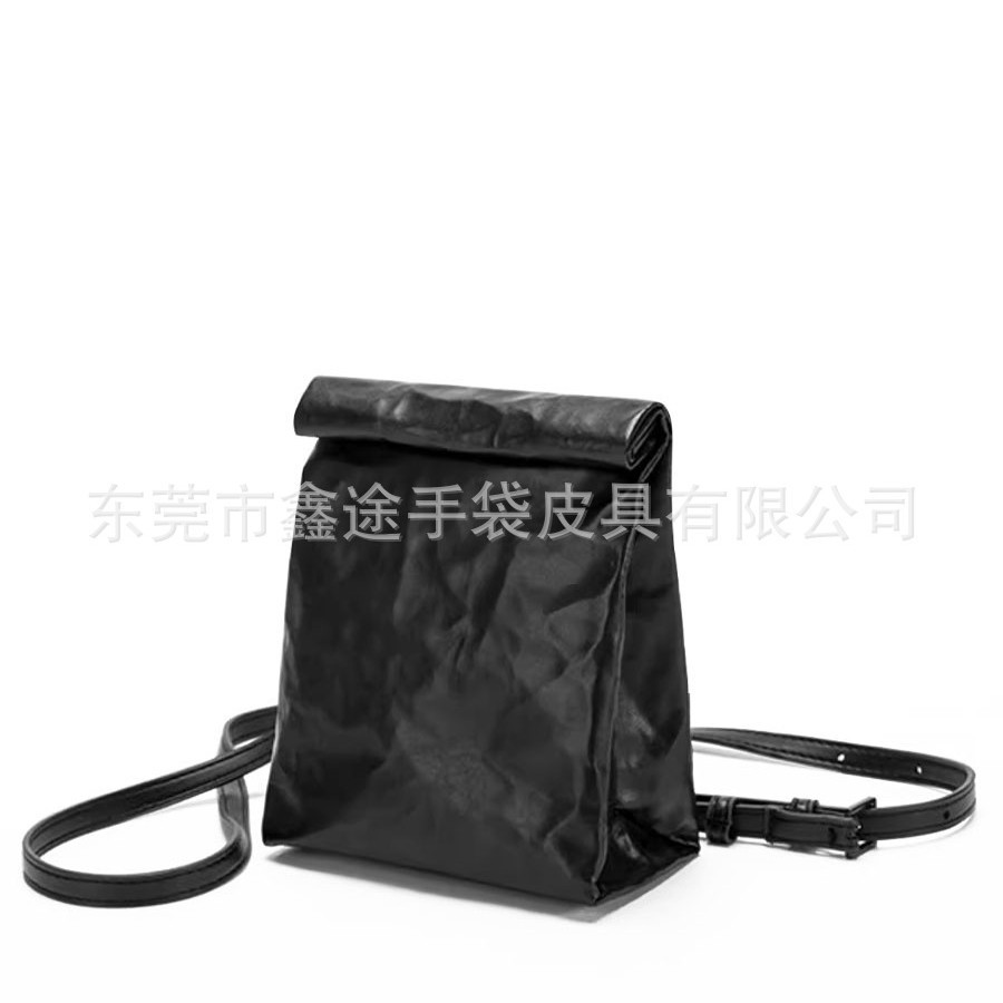 小众设计牛皮纸单肩包 褶皱牛皮纸斜跨包 折盖牛皮纸手机包