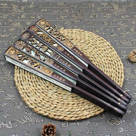 10寸雕刻绢扇镂空头青复古绢布折扇深雕男士高档折扇扇骨雕刻批发