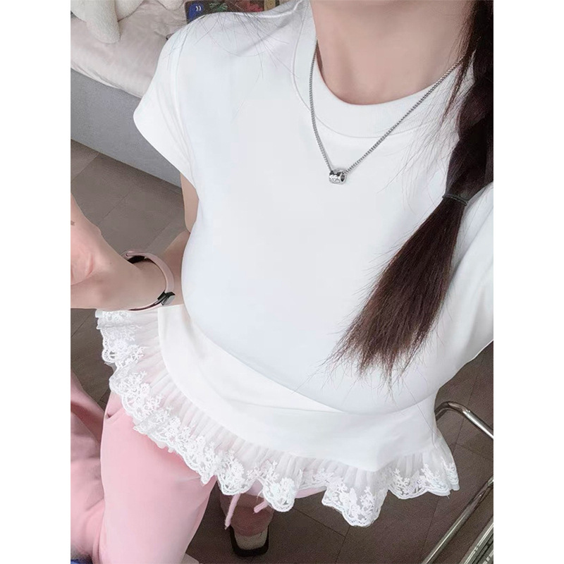 2026 Summer New Lace Embellished Hem Slim-Fit T-Shirt for Women, Stylish Round Neck Versatile Slimming Top