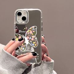 花朵蝴蝶鏡面適用iPhone14手機殼13pro小眾x蘋果12電鍍按鍵11