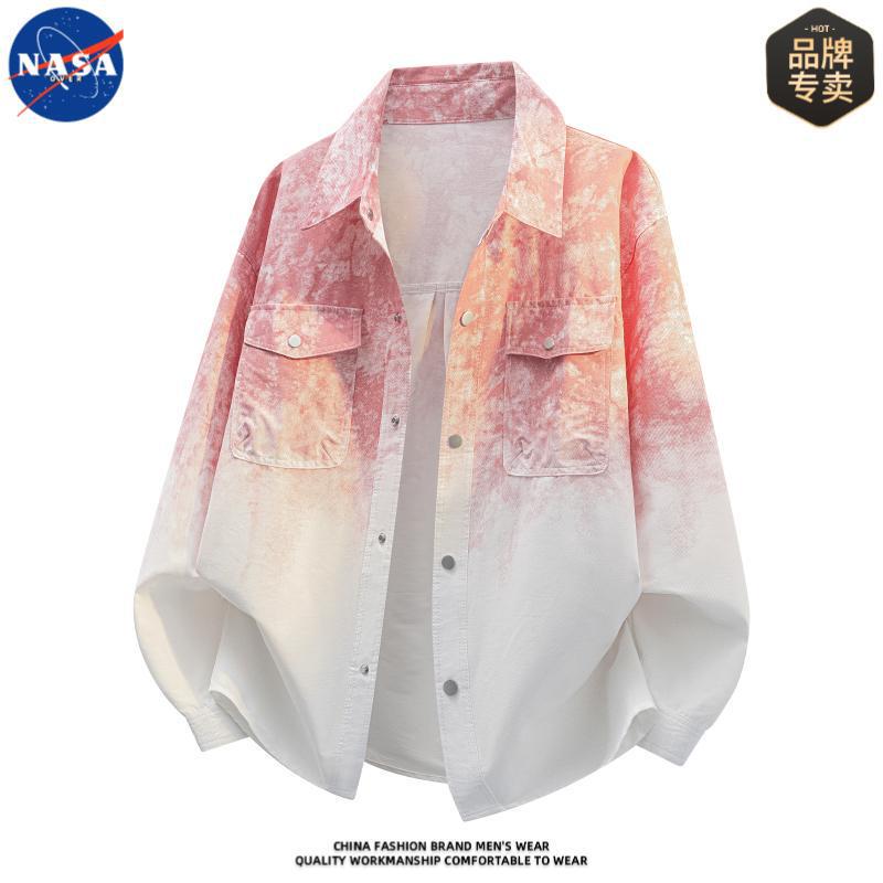 Nasa Brand High-Quality Tie-Dye Gradient Color Long-Sleeved Lapel Shirt for Men, Spring and Autumn High-End Trendy Shirt