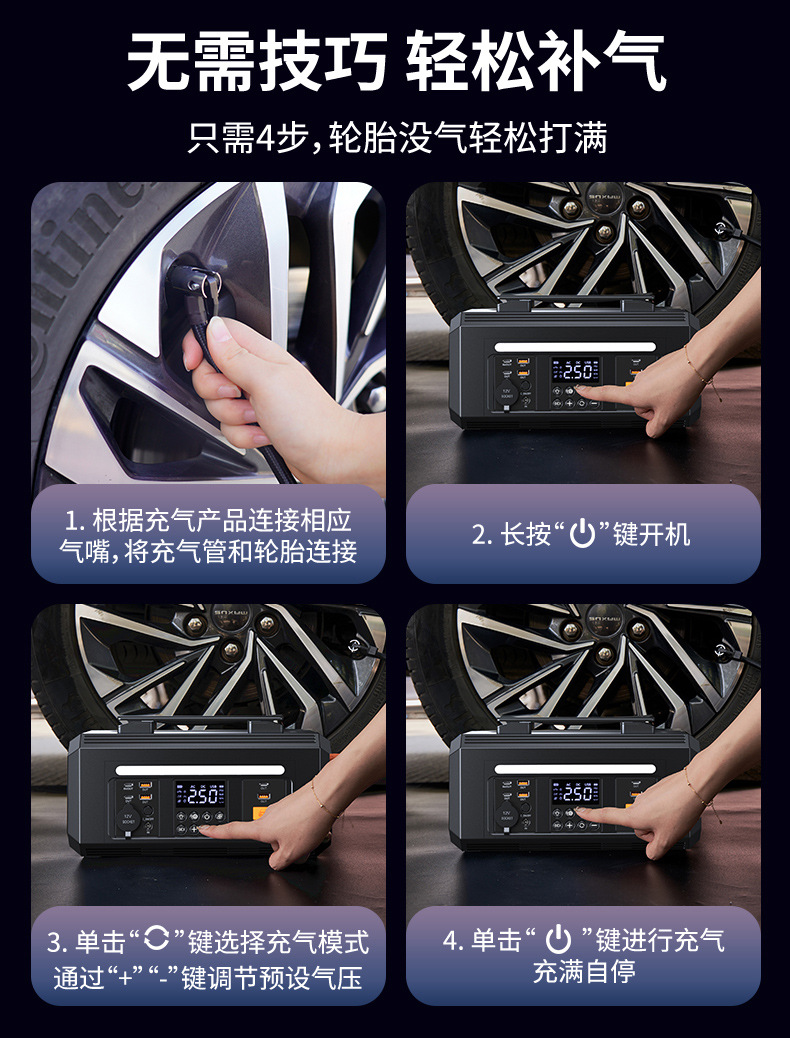 Buwei Portable Outdoor Mobile Power Supply Large Capacity Car Air Pump with Power Bank for Stall Setting and Self-Driving Tour Emergency