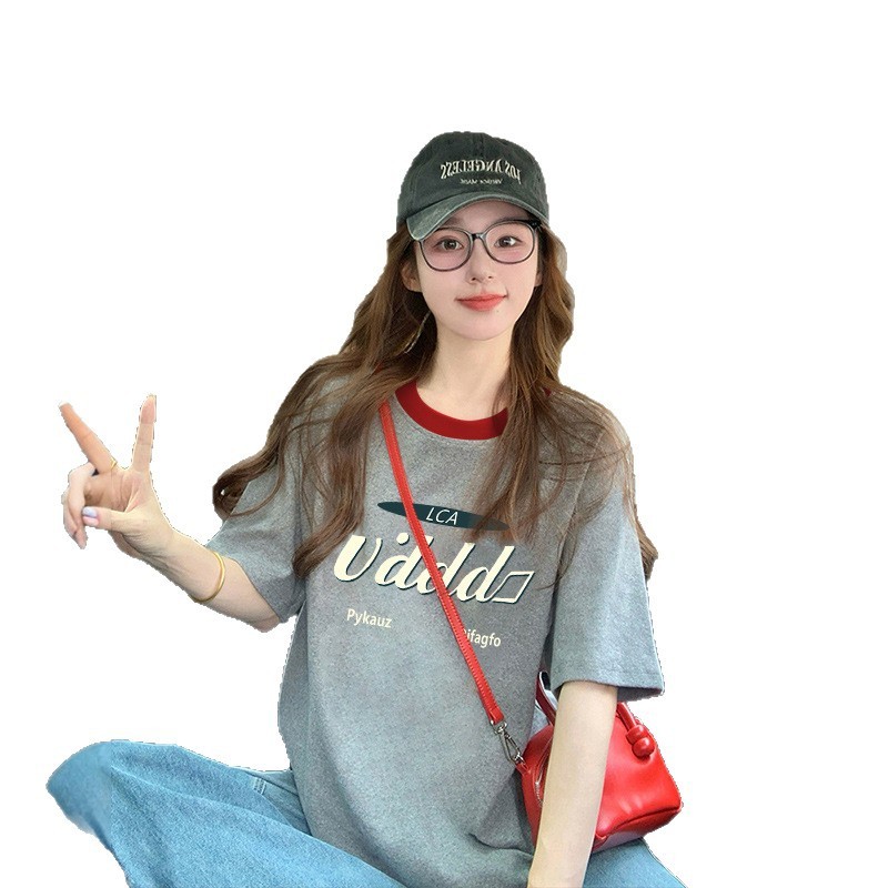 2025超ホットコントラストカラーラウンドネックピュアコットンTシャツレディースシックな香港風レター年齢軽減大型バージョンゆったりお腹カバートップ|undefined