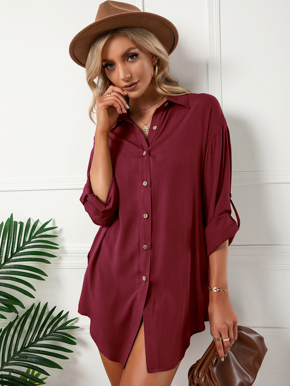 single-breasted solid color loose mid-sleeve shirt dress NSYBL120658