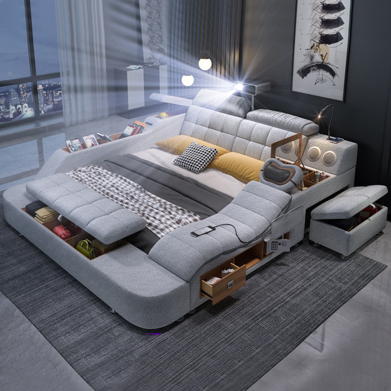 多功能植絨棉麻布藝床榻榻米床現代簡約主臥智能按摩投影儀雙人床