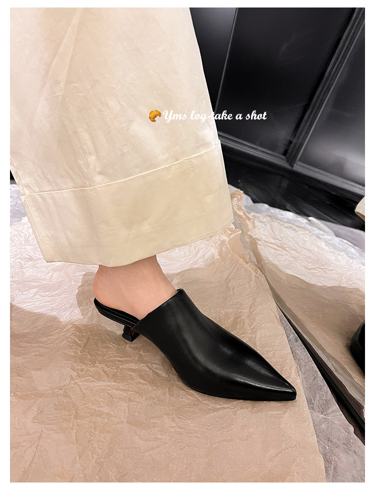 Dép mule nữ da cừu mềm mũi nhọn gót mèo 5 cm — Màu đen chi tiết 39