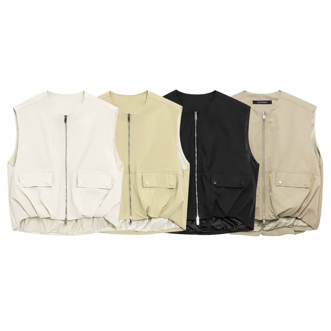 TAOP & ZA summer new women's commuter fashion round neck pleated sleeveless zipper vest vest 0518251