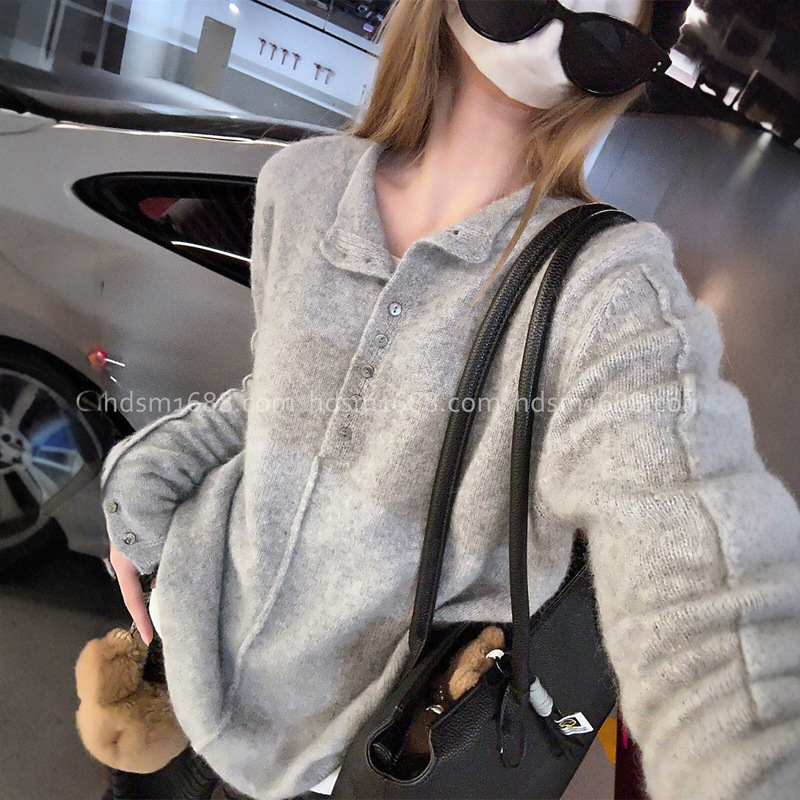 Half-Buttoned Rolled Edge! Raccoon Wool Blended Fancy Yarn Beer Collar Buttoned Knitwear