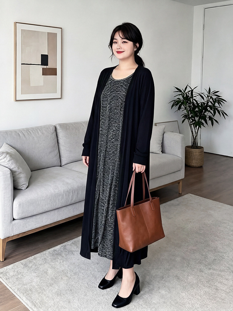 130-320 Plus Size Women's Cardigan and Slip Dress Set, 2026 Spring and Autumn New Style, Super Stretchy Loose Two-Piece Set for Plus-Size Women