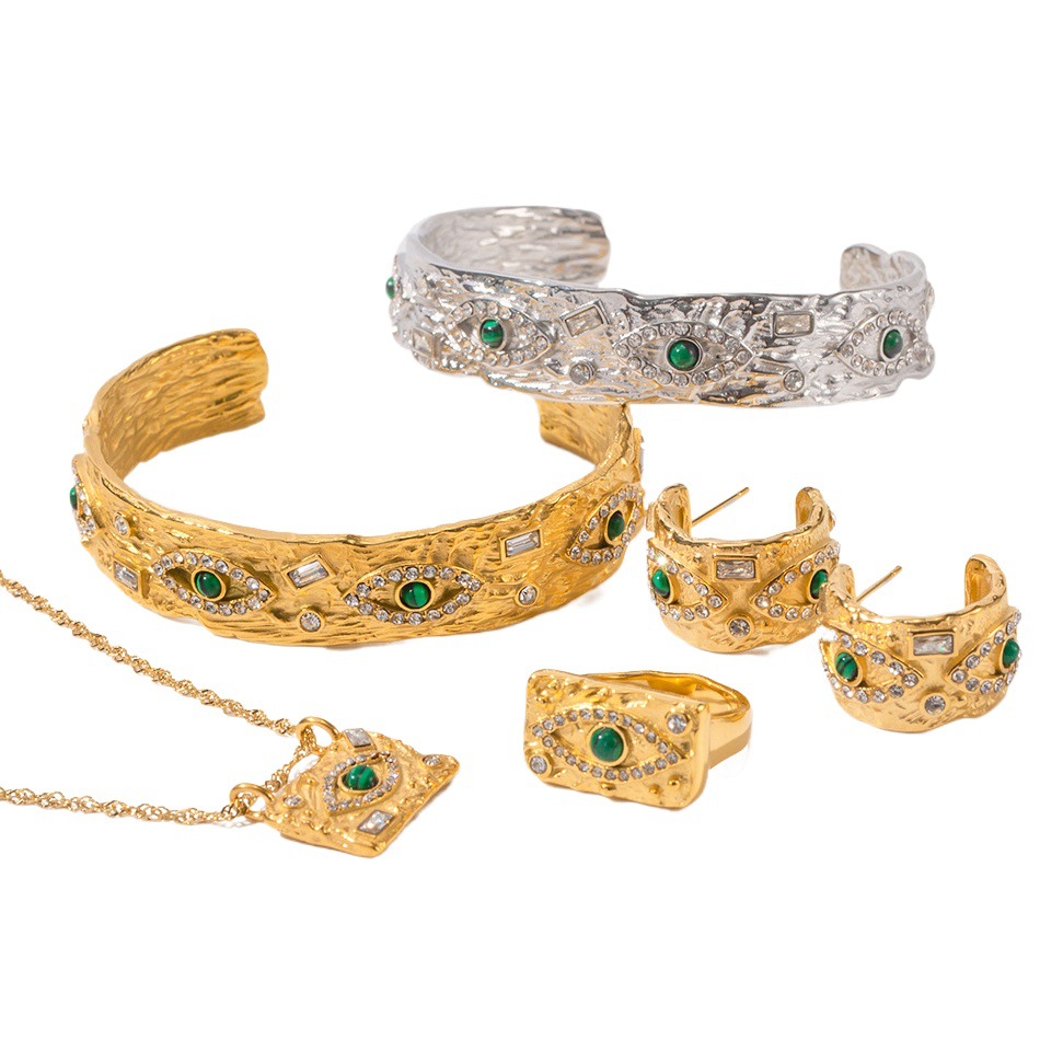 INS estilo francés de las mujeres 18k de oro con incrustaciones de circón verde malaquita lava cuadrado ojo del diablo anillo cuadrado al por mayor