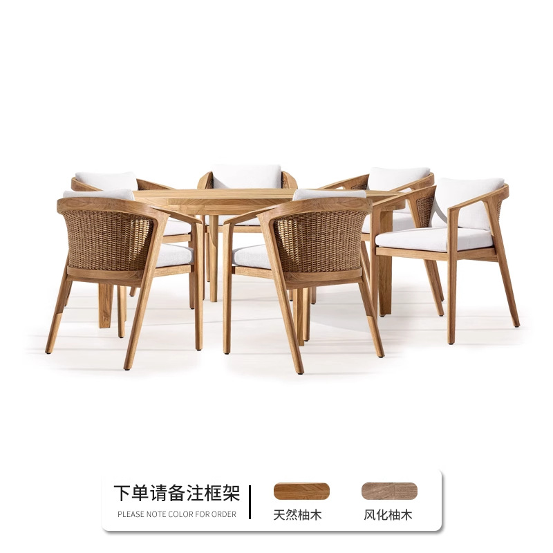 Mesa al aire libre sillas patio terraza villa impermeable al sol mesa larga de teca al aire libre jardín anticorrosivo mesa redonda de madera maciza