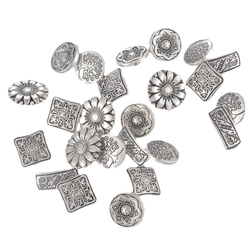 Suministro Directo de fábrica fija mixta plata antigua redonda cuadrada botón metal retro creativo accesorios la capa