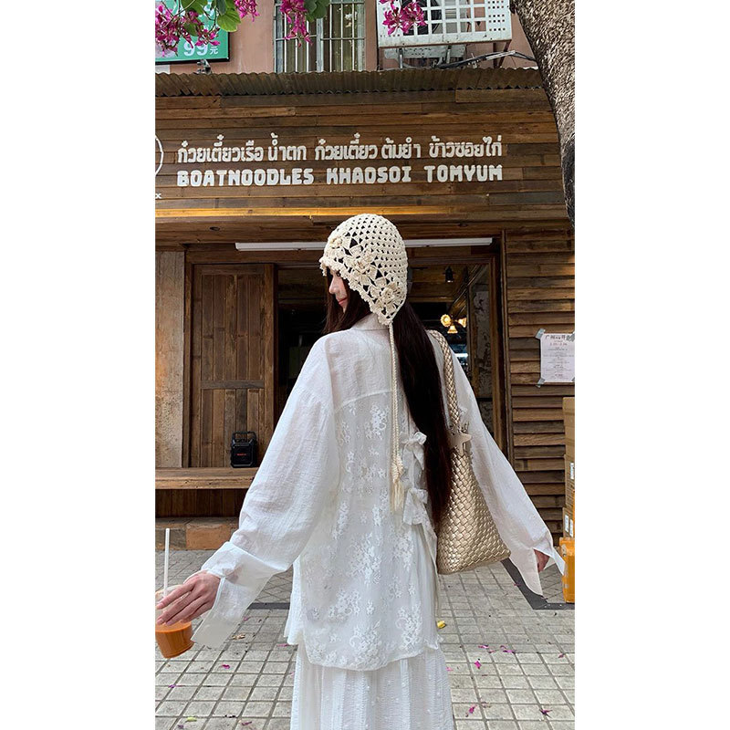 Morning Collar [Guangzhou Fabric Original Method] French White Lace Bow Sunscreen Shirt Summer Long Sleeve Top