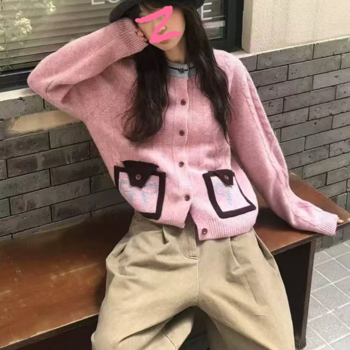 减龄蝴蝶结麻花毛衣撞色开衫女秋冬新款复古软糯慵懒风针织外套潮|undefined