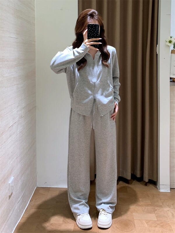 运动休闲风基础Q弹双拉链短卫衣外套+高腰阔腿卫裤2件套装女秋季|undefined
