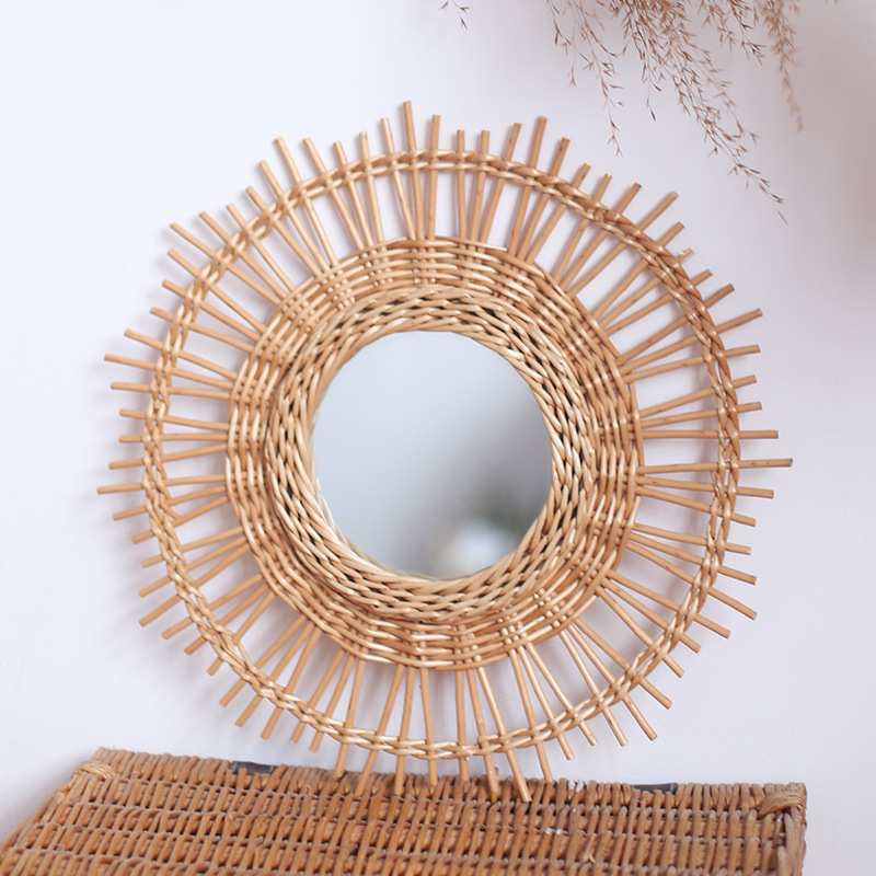 Espejo decorativo de trenzado de sauce transfronterizo de estilo nórdico redondo de pared de espejo decorativo de pared de baño de vivienda espejo decorativo de maquillaje