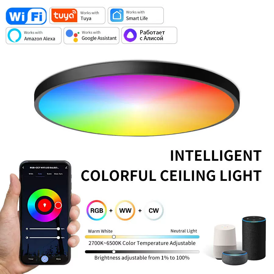 涂鸦WIFI智能吸顶灯Alexa Google超薄简约款WIFI RGBCW七彩卧室灯