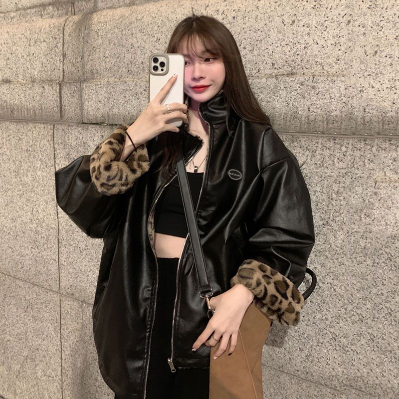 Reversible Pu Leather Motorcycle Jacket Winter New Design Street-Friendly Velvet Thickeneded Leopard Print Top for Men and Women