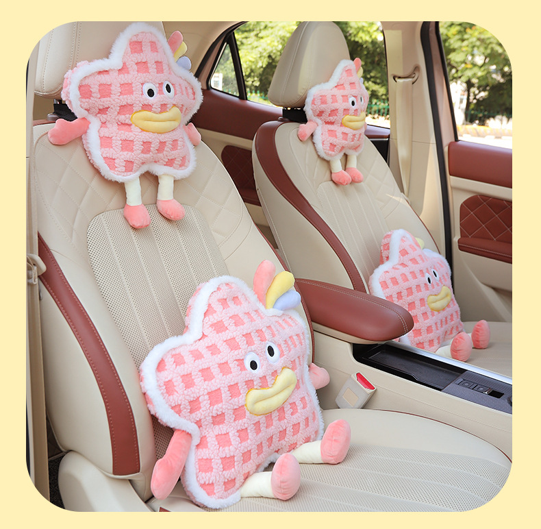 Car Headrest and Lumbar Support Set, Car Neck Pillow and Lumbar Cushion, Cute Cartoon Creative Plush Little Monster Car Lumbar Support