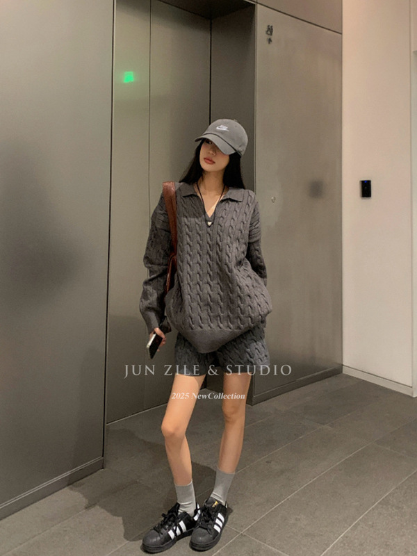 毛衣女秋季韩系宽松百搭休闲麻花翻领针织衫慵懒风半开领长袖上衣|undefined
