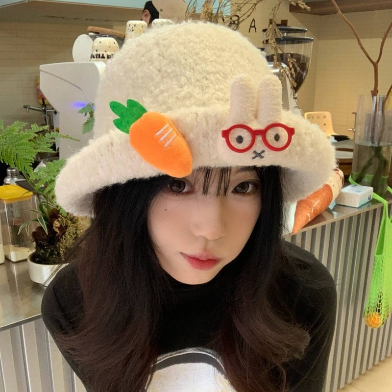原创卡通兔子胡萝卜毛绒渔夫帽女秋冬保暖可爱盆帽百搭显脸小礼帽|undefined