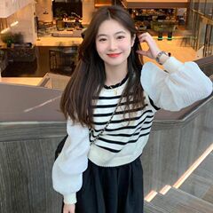 黑白条纹针织衫背心拼接灯笼袖假两件长袖上衣女2025秋韩版毛衣