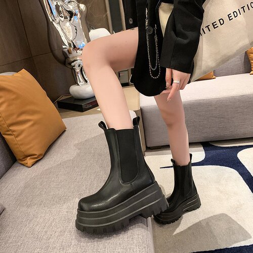 Women's Short Boots New Spring Thick Sole Slimming Mid-Calf Boots Chelsea Cylinder Boots