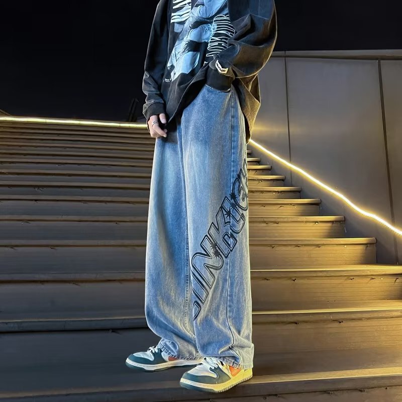 Vintage jeans men's straight loose oversize new wide leg mopping trousers American gradient pants cheap