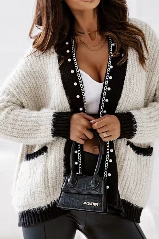 Трансграничная Европа и США небольшой ароматный ветер тяжелая промышленность бусины для ногтей Яркий шелковый Пушистый свитер вязаный кардиган свободный мягкий восковой пальто прилив