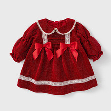 女童連衣裙2023春季新款童裝紅色蝴蝶結洋氣兒童裙子中長款公主裙