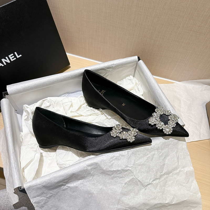 in stock 24 P2 Flat Shoes Women's New 2025 Rhinestone Square Buckle Pointed Head Shallow Mouth Black Temperament Height-Increasing Shoes