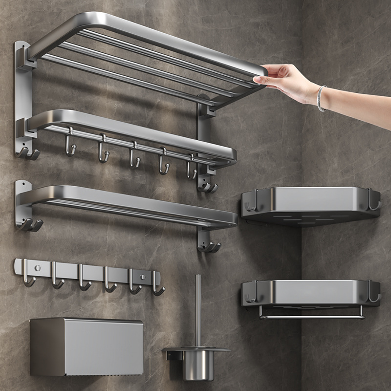 Punch-free towel rack bathroom stainless steel towel bar toilet rack wall-mounted bathroom bathroom folding storage