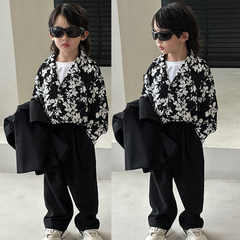 兒童西裝襯衫2024春季新款男童黑色花襯衫長袖小西裝氣質一件代發