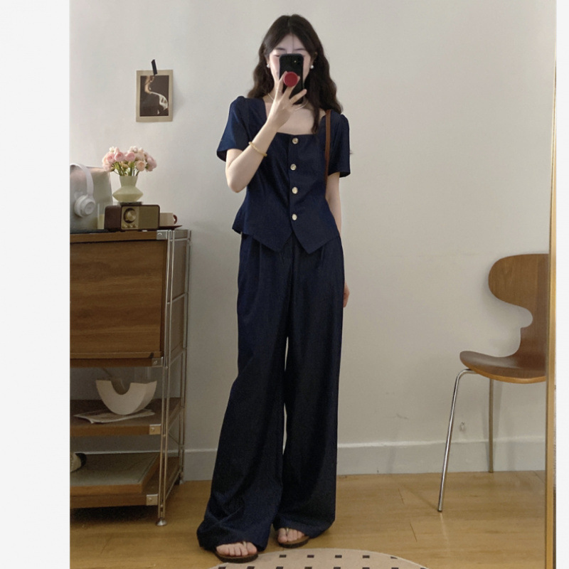 大きいサイズの夏服、年齢を軽減する服、太った女性のためのデニムトップス、ドレープワイドレッグパンツ、人気のスーツの完全なセット|undefined