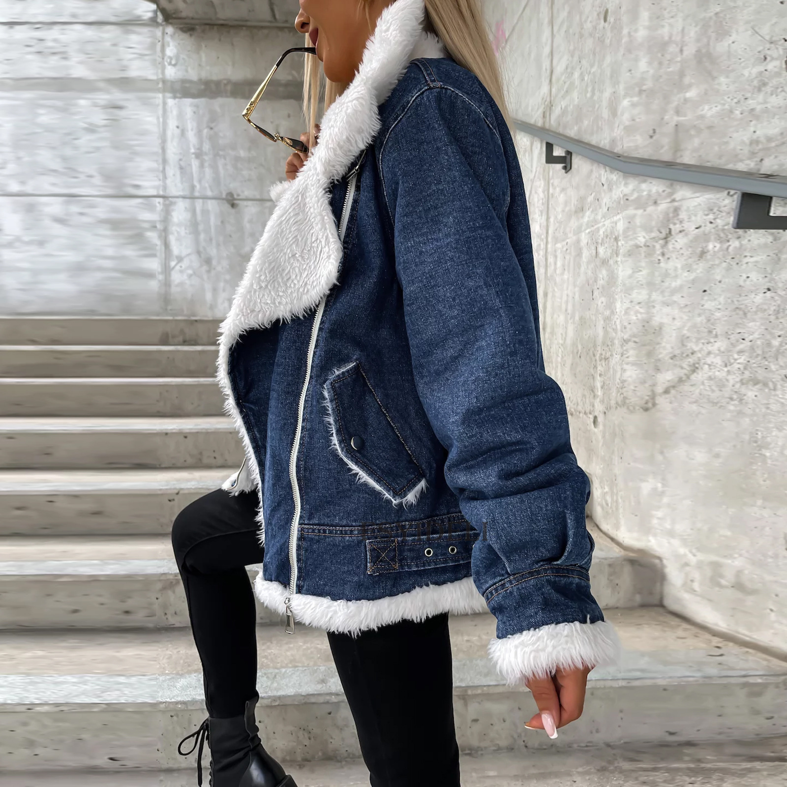 Damenmantel aus unregelmäßiger Denim-Lammwolle mit Nähten, lockerer Samt-Jeansmantel_voghion.com