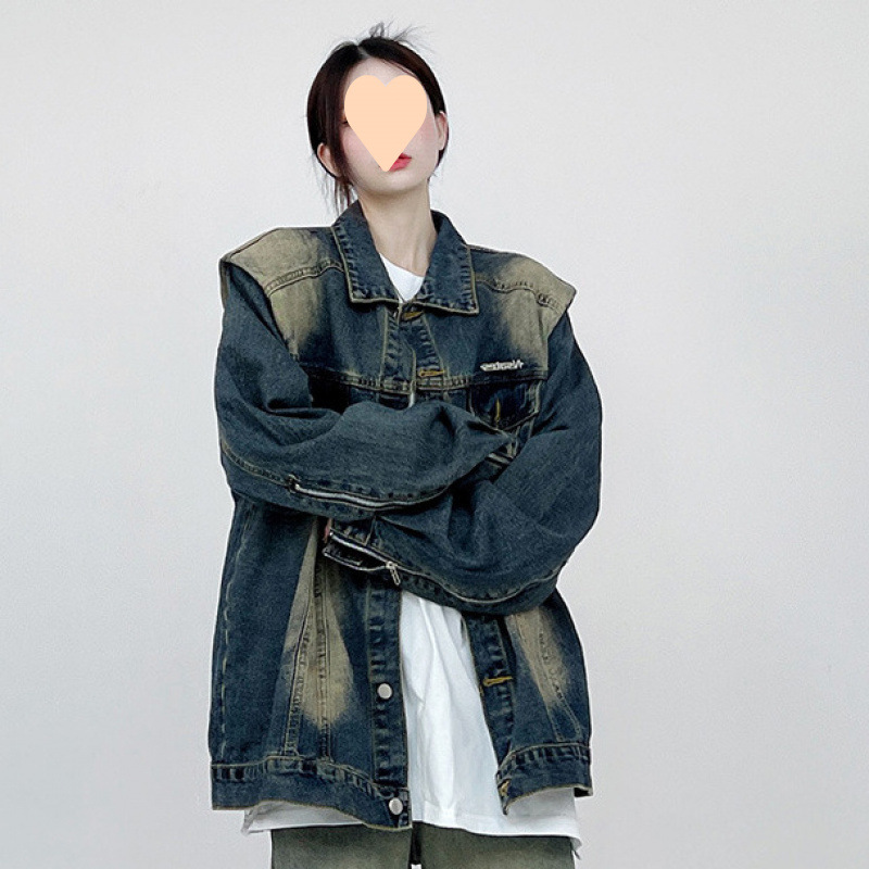 春秋新款百搭寬鬆大碼夾克墊肩上衣美式復古洗水做舊牛仔外套男女
