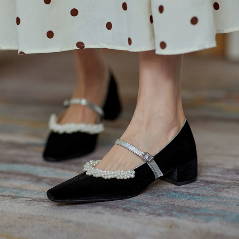 Толстые каблуки 2024 новые французские ретро одиночные туфли женские каблуки