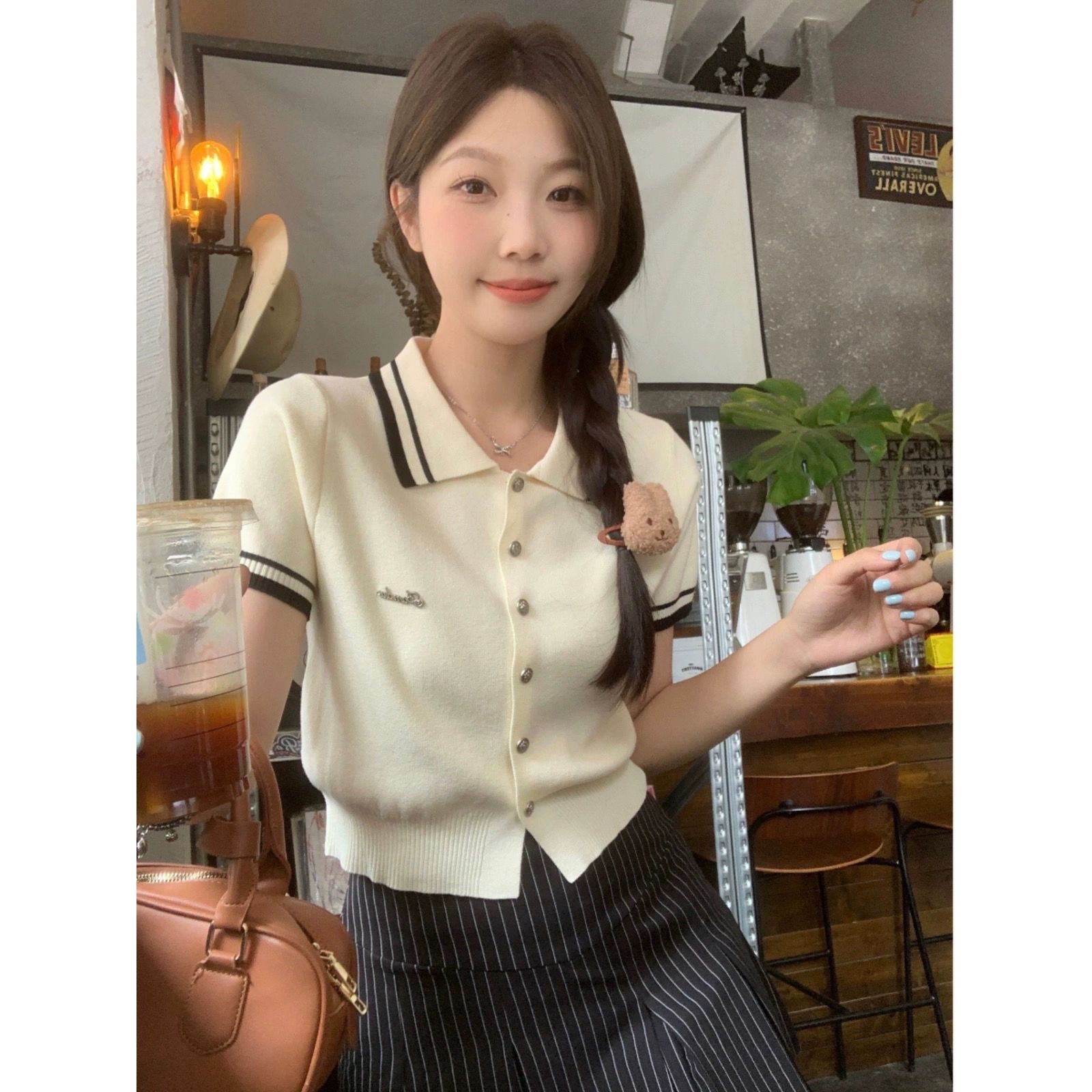 独特绝美法式polo领撞色冰丝针织小开衫短袖女夏季小香风减龄上衣