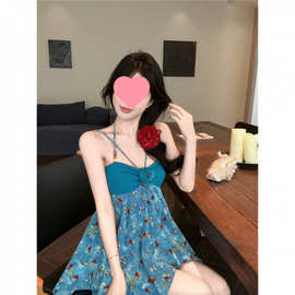 波西米亚碎花吊带背心女夏季泰式辣妹一字肩挂脖抹胸上衣独漂亮