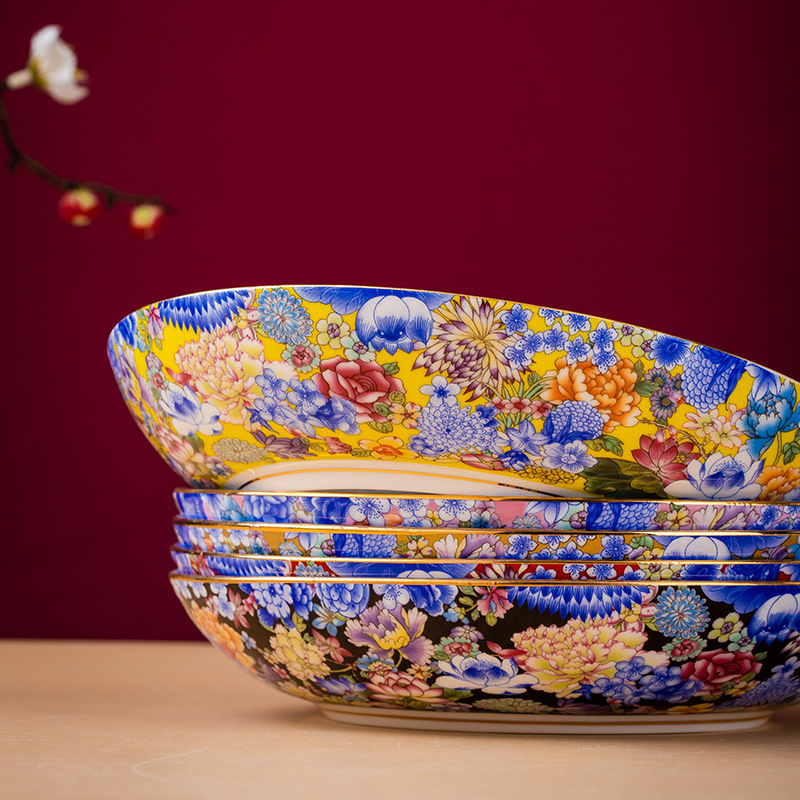 Porcelain Plate with Multi-Colored Floral Design, 8inch Circular Floral Patterns, Deep Plate for Home and Restaurant Use, Jingdezhen Chinese-Style Retro Creative Round Plate Porcelain Plate with Multi-Colored Floral Design, 8inch Circular Floral Patterns, Deep Plate for Home and Restaurant Use, Jingdezhen Chinese-Style Retro Creative Round Plate