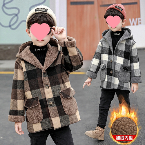 Boys' Checkered Wool Coat  Autumn/Winter New Trendy Medium and Small Children Baby Fleece Mink Jacket Fashion