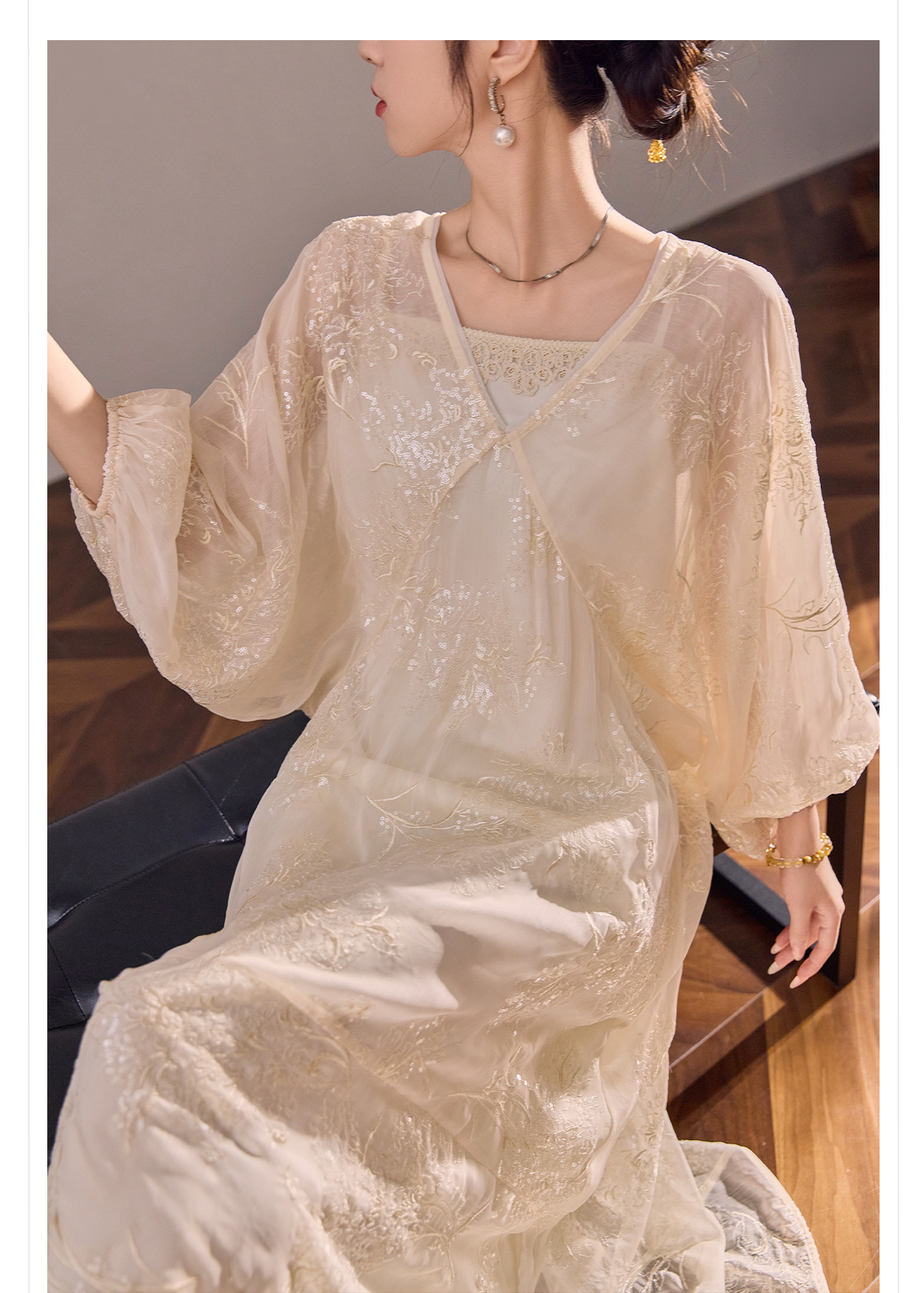 Đầm maxi nữ tay lồng cổ điển phong cách Trung Hoa mới, thiết kế thêu sang trọng — quả mơ chi tiết 4