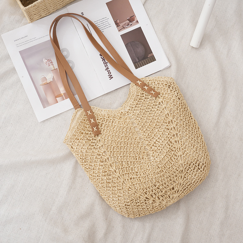 Nueva celebridad de Internet de gran capacidad bolso de viaje de vacaciones playa tejida bolsa de hombro de Europa y América retro bolsa de paja de color sólido